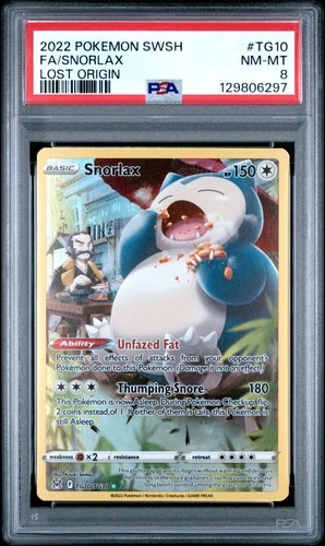 2022 POKEMON SWORD & SHIELD LOST ORIGIN #TG10 FULL ART/SNORLAX PSA 8