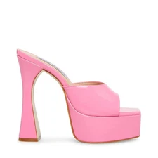 STEVE MADDEN - KACIE, Pink bubblegum faux patent 6" flared heel platforms, SZ 8