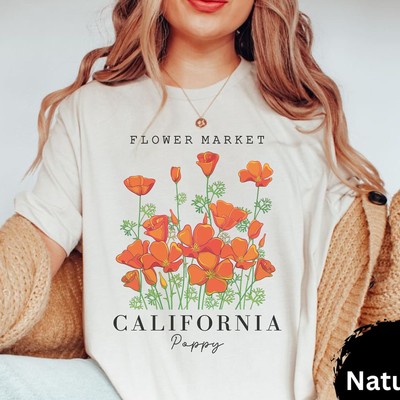 California Poppy Shirt   Retro Superbloom Wildflowers Design Natural T-Shirt