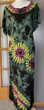 Thai Tie Dye Maxi Sundress OS Beaded Fringes Tie Back Black Yellow Boho Beach