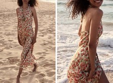 Women Doen V-neck Floral Halterneck A-line Flare Midi Dress