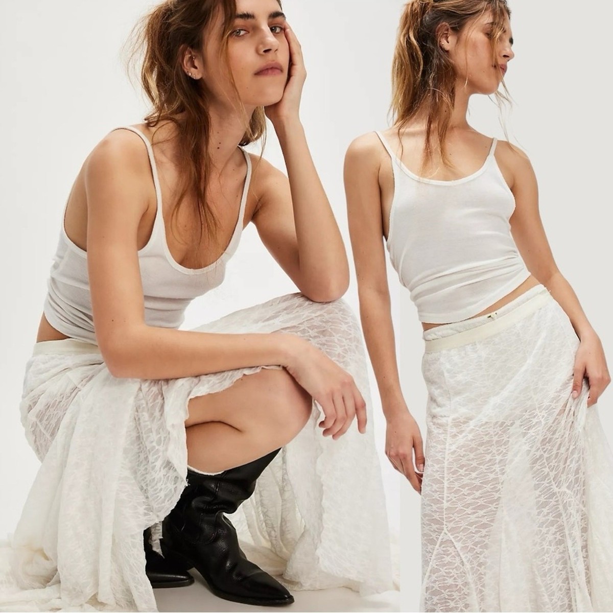 Free People Ethereal Kiss Kiss Half Slip Lace Maxi Skirt Snow Bell