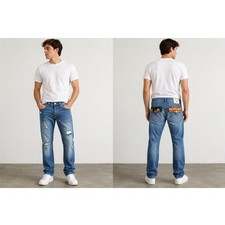 True Religion Mens Size 32 Ricky Relaxed Straight Jeans Distressed Flap Pockets