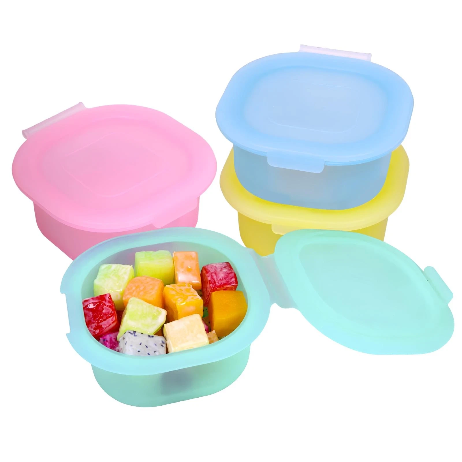 4 Pack Reusable Translucent Silicone Snack Containers with attached Lids,Leak...