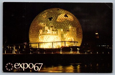 Postcard 1960s Montreal, Canada US Pavilion Geodesic Dome Night
