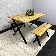 Dining Table and 2 Benches Set  Wooden With Metal Legs for Dining Room