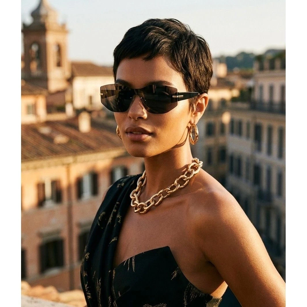 Oscar de la Renta Black Rimless Shield Sunglasses Gold Hardware Oversized Lenses Oscar de la Renta Gold Sunglasses for Women for sale | eBay main image 3