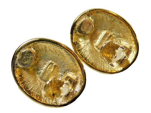 Vintage Trifari Golden Brown Enamel & Black Glass Cabochon Oval Clip On Earrings - Picture 3 of 5