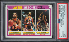 1981 Topps Basketball KAREEM ABDUL-JABBAR NORM NIXON LAKERS LDRS #55 PSA 6 EXMT