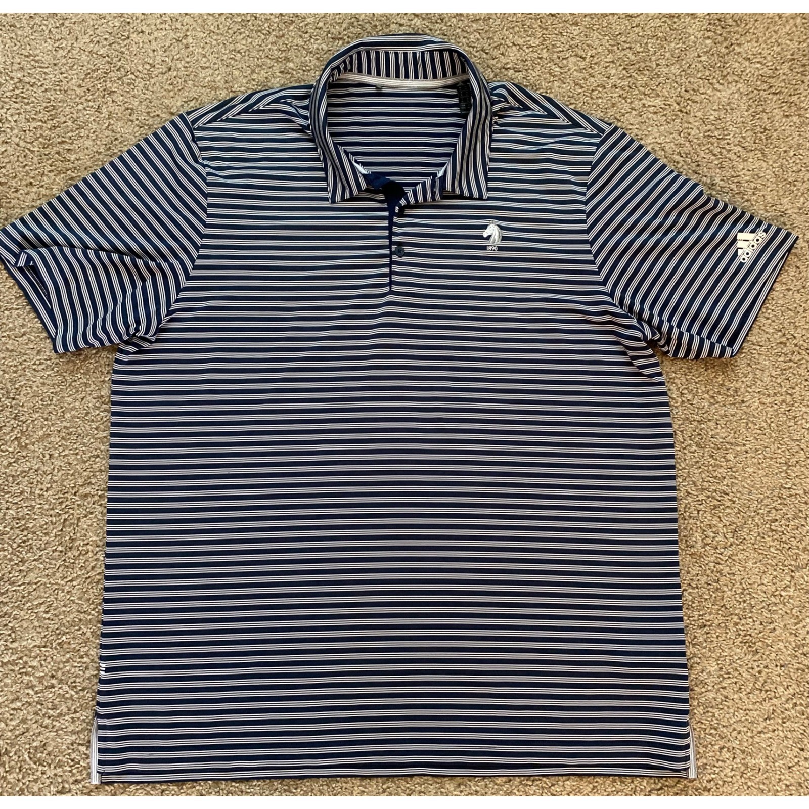 Adidas Golf Polo Shirt Mens XL Navy Blue White Striped Horse Logo