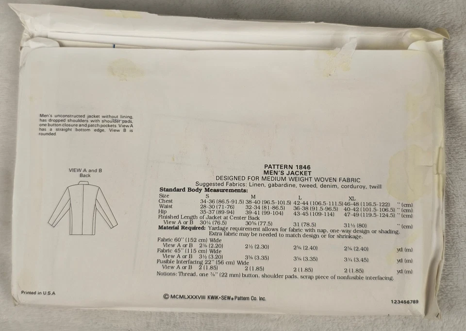 VTG 80s Kwik Sew Pattern 1846 Men's Jacket Blazer Sport Coat S M L XL Uncut - Image 3 of 3