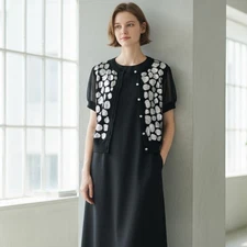 Michael Simon Womens Black Cardigan Sweater Sequin Cheetah Spots Sheer Sleeves M