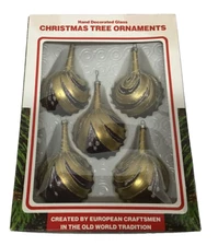 Hand Decorated Tear Drop Vintage Gold Purple Glass Christmas Ornaments Set of 5