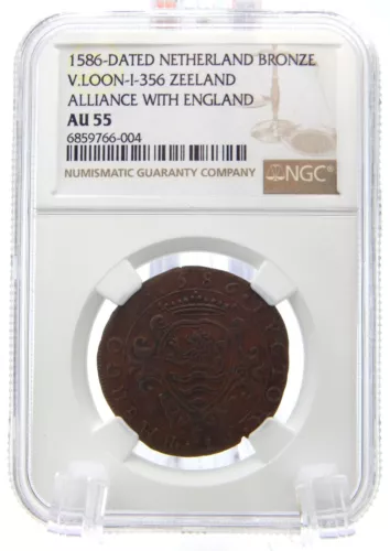 Netherlands 1586 Bronze Zeeland Alliance with England Medal  NGC AU 55  (BT643)