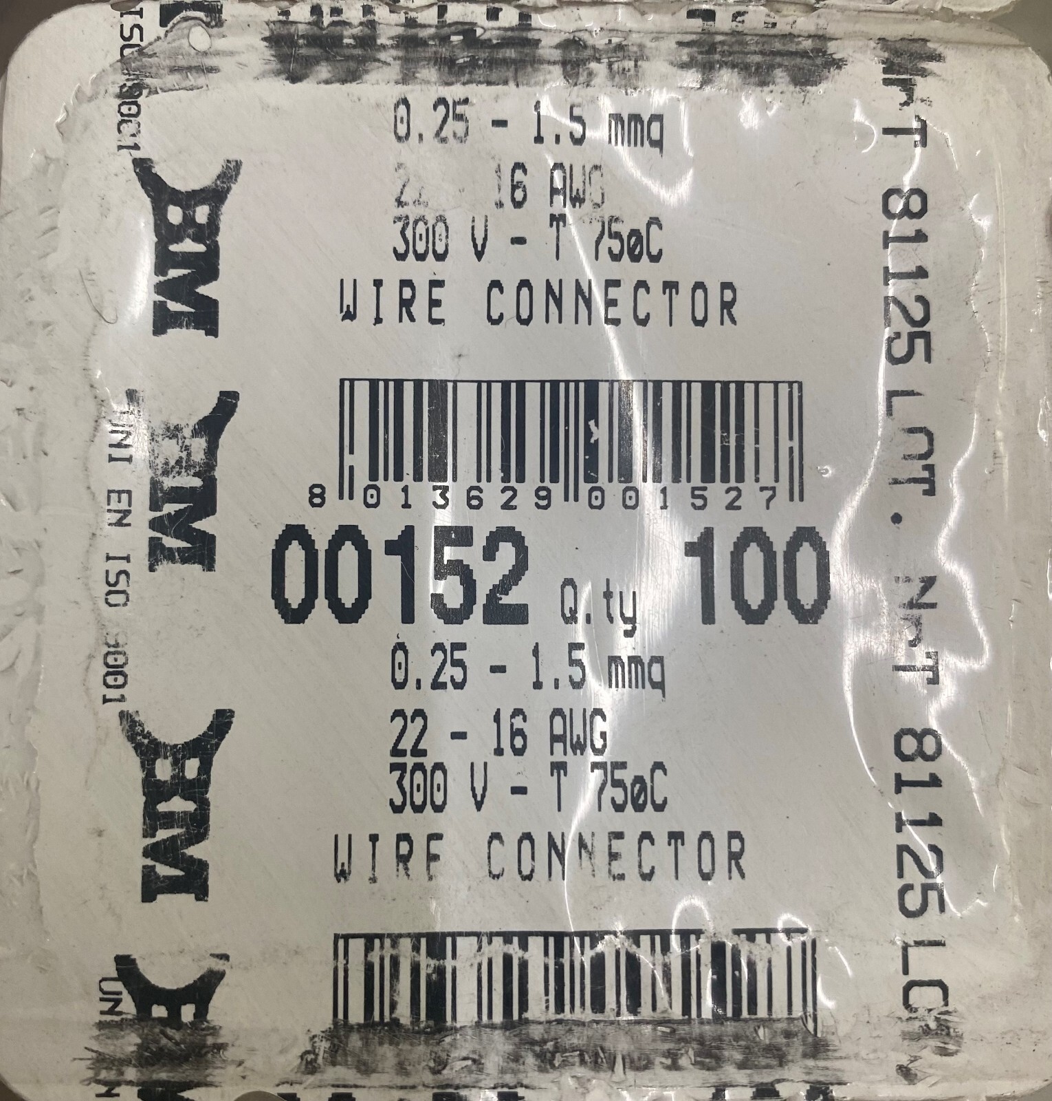 BM 00152 Blade Pin Insulated Lug 0.25-1.5mm2/22-16 AWG , Red, 100 Pc's Per Pkt