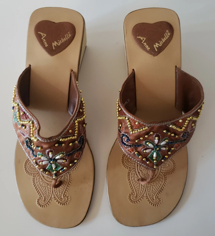 Linda sandalia de cuña ANNE MICHELLE con cuentas bordado bloque tacones para mujer EE. UU. 7,5 UK 5 Foto 2 de 4