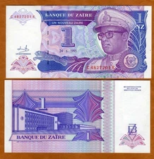 Zaire, 1 New Zaire, 1993, P-52, UNC Mobutu 