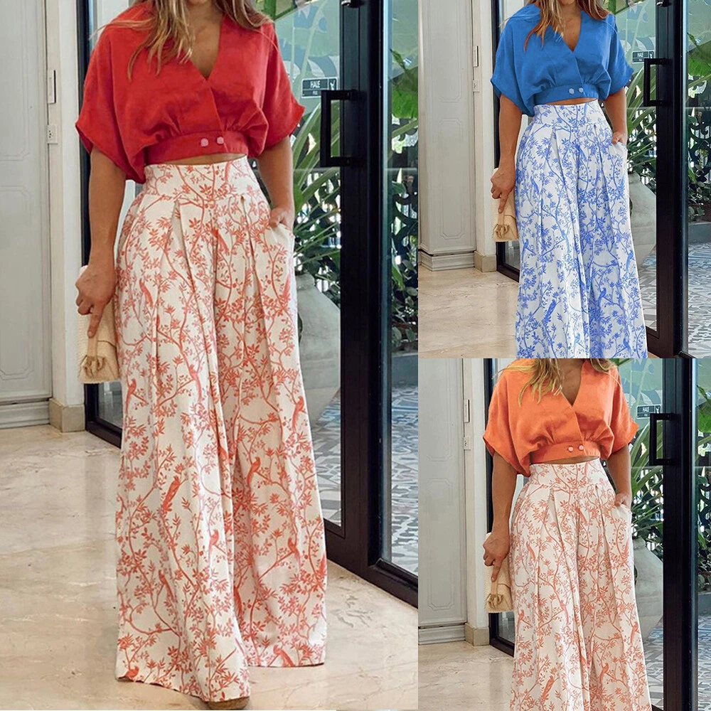 Leisure Suit Long Pants Set Wide Leg Pants Outfit Crop Tops Casual Formal V  Neck