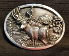 Vtg 1984 Buck Deer Stag Heavy 3D Pewter Belt Buckle Bergamot E-146 Made in USA
