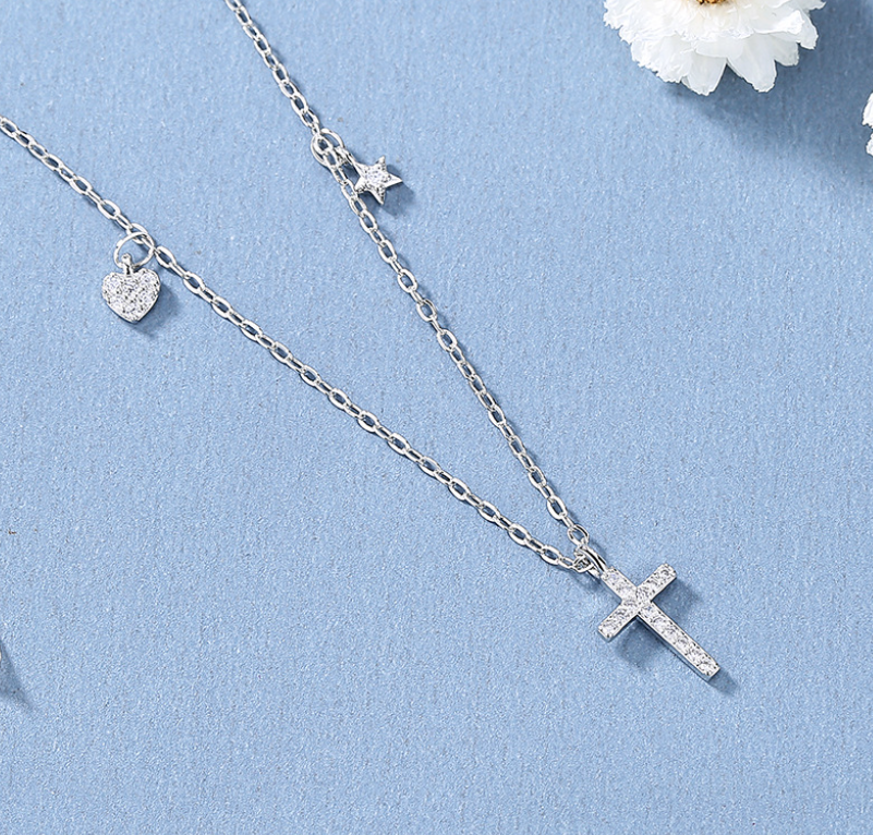 Silver Love Heart Star Cross Pave Cubic Zirconia Pendant Chain