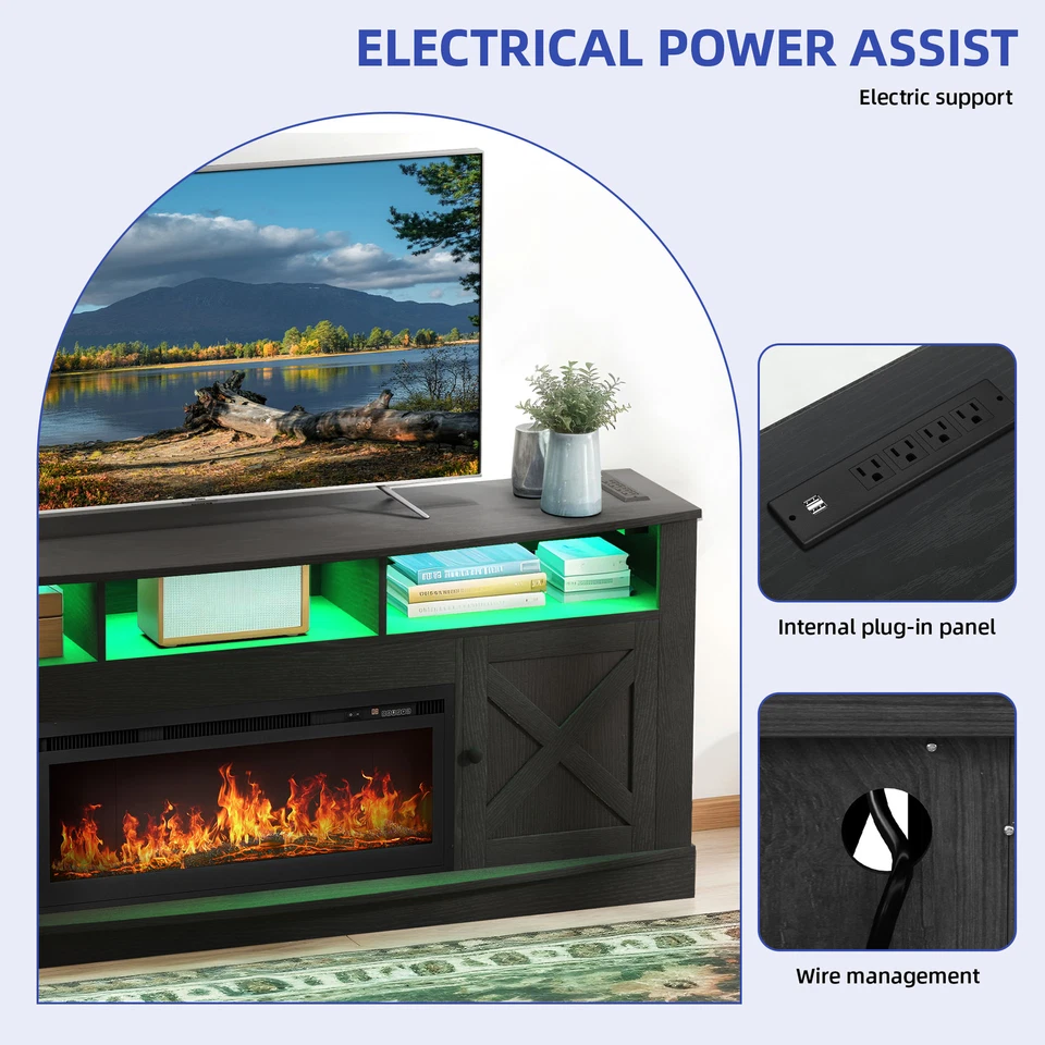 Soporte de TV negro con estantes abiertos tomas de corriente LED para consola de televisores de 50 a 80 pulgadas Foto 3 de 4