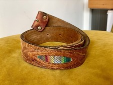 Vintage Western Leather Cowboy Belt Mexican Serape Fabric Aztec Navajo