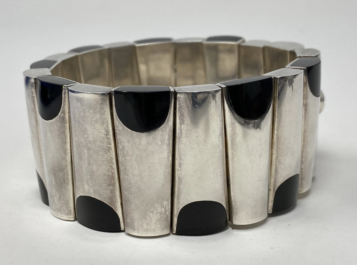 VTG MONTEROS MEXICO 970 Heavy Sterling Silver Mid Century Modern Onyx Bracelet