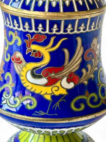 Vintage cloisonné blue enamel toothpick matches holder lidded pot 1950's CHINA - Bild 3 von 9