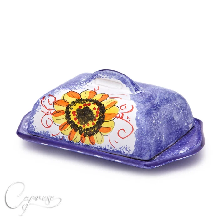 Bassano Ceramic Butter Dish 21.5Cm Blue Sunflower Italian Majolica New