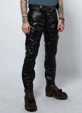 Men Real Quilted Leather Pants with Zipper Sheep/Lambskin Leather Biker Trouser