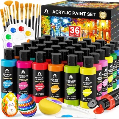 52 Pcs Acrylic Paint Set - 36 Colors (2oz/60ml) with 12 Brushes, 2 Knives &