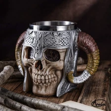 Stainless Steel Viking Skull Mug Coaster, Double Handle Horn Skull Beer Mug 