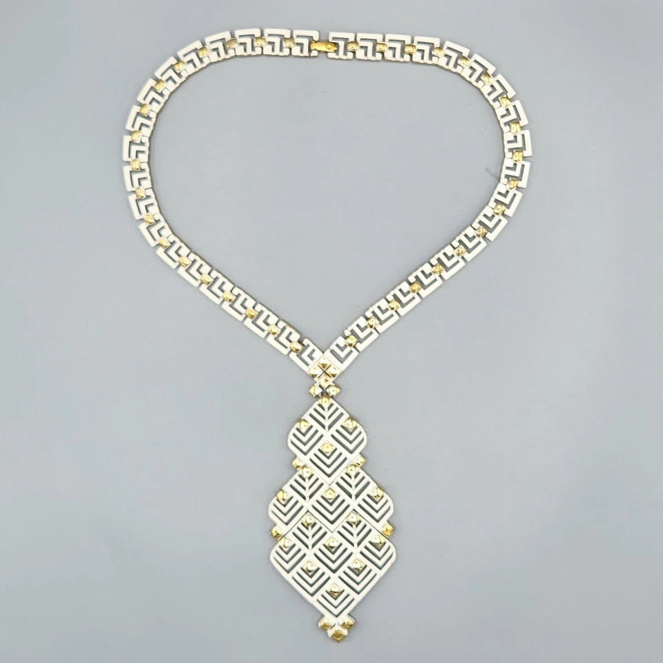 1970s Monet White Enamel Gold Tone Geometric Drop Pendant Greek Key Necklace 17" - Image 2 of 4