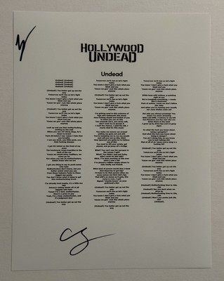 CHARLIE SCENE & JOHNNY 3 TEARS SIGNED LYRIC SHEET HOLLYWOOD UNDEAD BAND COA