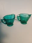 Vintage Jeanette Ultramarine Glass 'Swirl' Open Sugar Bowl & Creamer