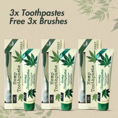 3x 100ml HEMP TOOTHPASTE +FREE TOOTHBRUSHES Natural Hemp Oil Fluoride Free XOC