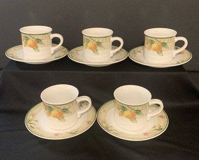 STUDIO NOVA SWEET HARVEST CUPS & SAUCERS - Y2260 FLORAL & FRUIT - SET OF 5 - EC 