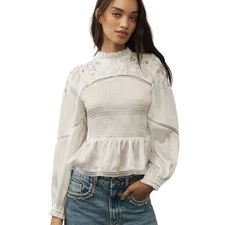 Anthropologie Top Womens XL White Floral Crochet Peplum Smocked Satin Blouson