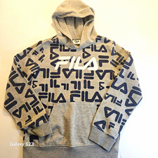 FILA Youth Large 12 Gray All Over Logo Pullover Hoodie Sweatshirt