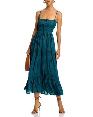 #ad AQUA Tiered Sleeveless Midi Dress Women#x27;s S Teal Solid Tie Square Neck Pullover $48.99