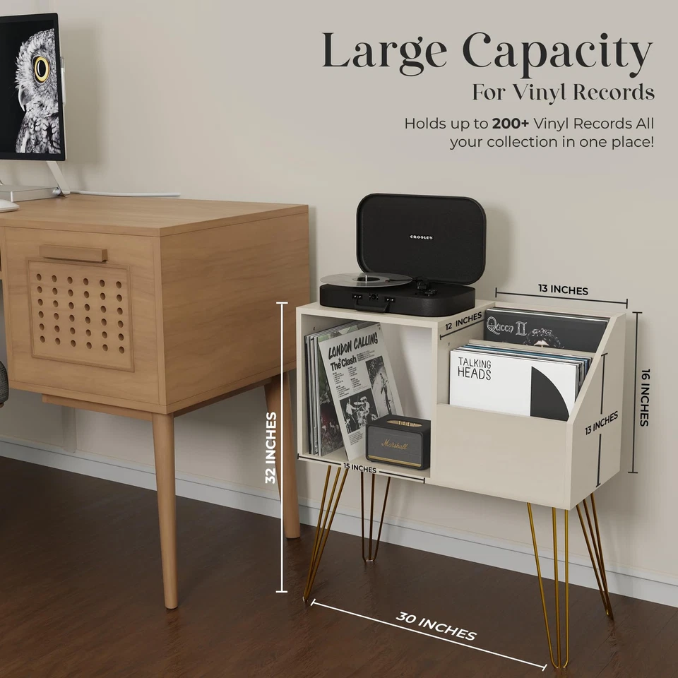 Elegant Wooden Record Player Stand with Vinyl Storage 2-Tier (White), Modern ... - Image 3 of 4