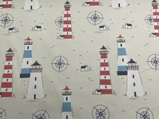 Lighthouse & Seaside Material Nautical Blue Cream Red Cotton Curtain Craft Blind
