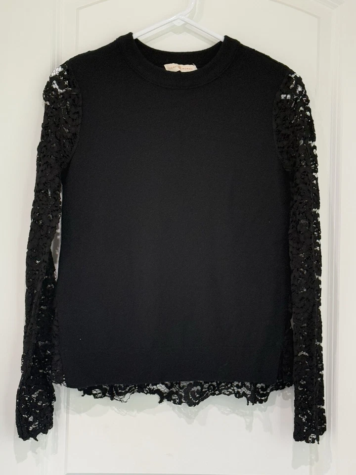 Suéter Tory Burch Dina 100% Lana Merino Negro Mangas de Encaje Cuello Redondo Talla Pequeña Foto 2 de 4