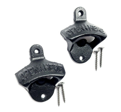 2 Pack Black Wall Mount Bottle Opener Rustic Bar Open Here