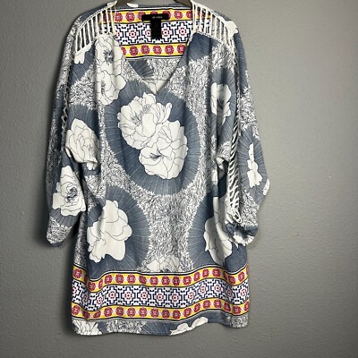 Ali Miles Floral Print Tunic Top Crochet Trim Bohemian Polyester Blouse Size XL