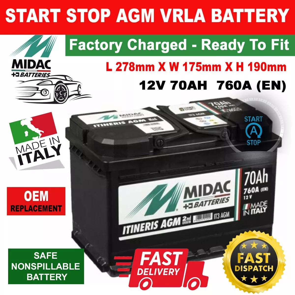 MIDAC IT3 Stop Start 12V 70Ah 760CCA TYPE 096 AGM VRLA Car Battery - No  Spill