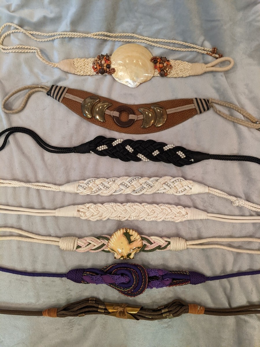 Vintage 1980\'s Braided Rope Belt Vintage 1980s 80s Braided Woven White Brown Shell Bead Satin  main image 3