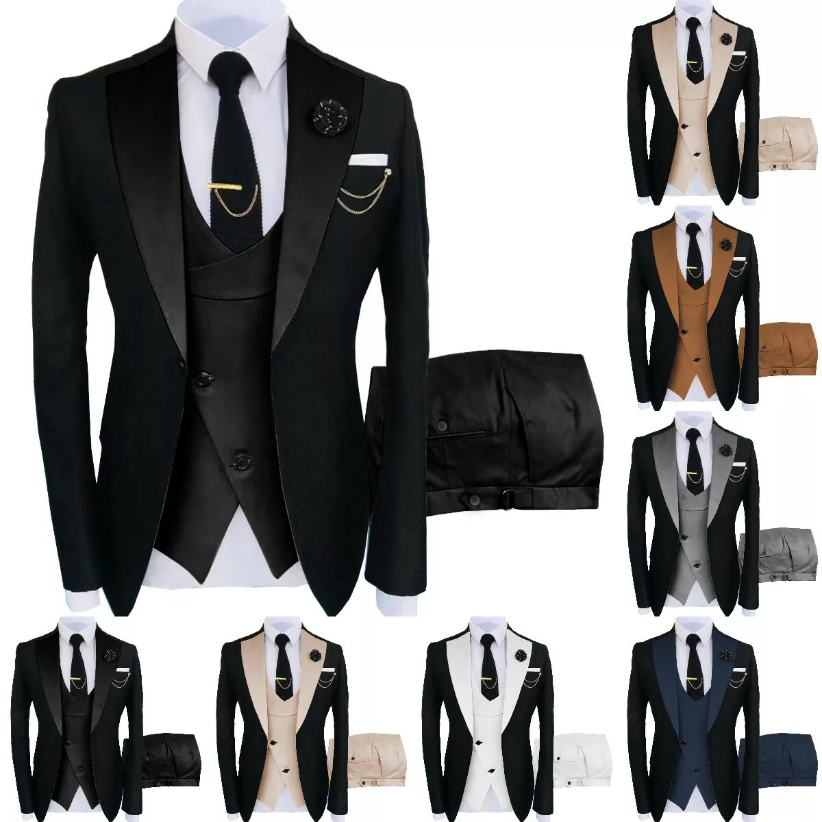 Mens 3 Pieces Suit Double Breasted Wedding Tuxedos Blazer Vest Pants 42r  44r 46r