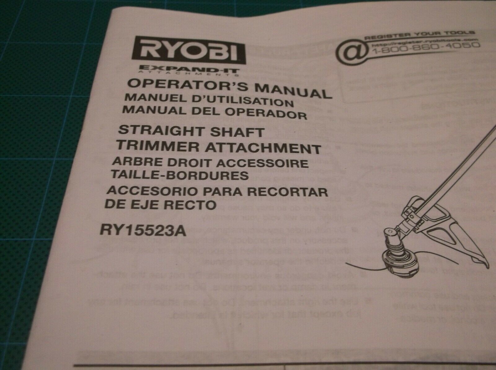 RY15523A Ryobi Straight Shaft Trimmer Attachment Operators Manual ONLY ...