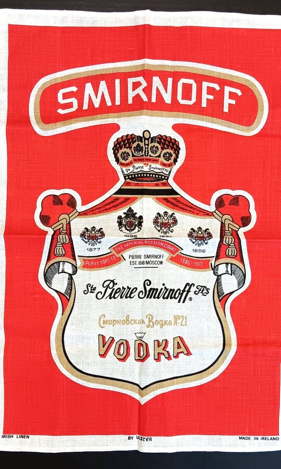 Vintage Smirnoff Vodka Linen Tea Towel Irish Bar Ulster Retro Liquor
